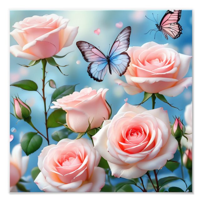 Mjuk Rosa ros Flower Blue Butterfly Fototryck (Framsidan)