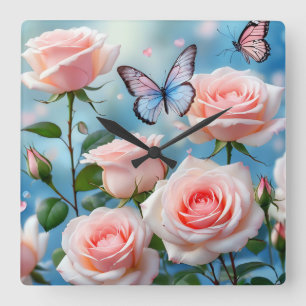 Mjuk Rosa ros Flower Blue Butterfly Fyrkantig Klocka