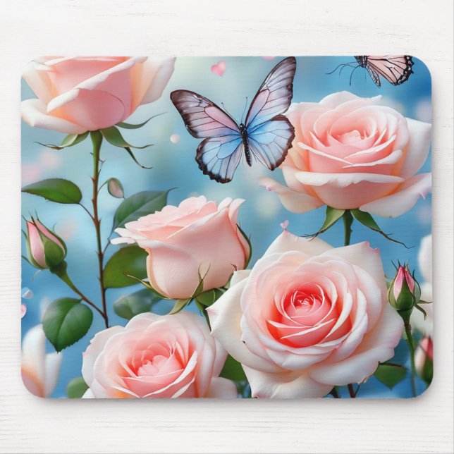 Mjuk Rosa ros Flower Blue Butterfly Musmatta (Framsidan)
