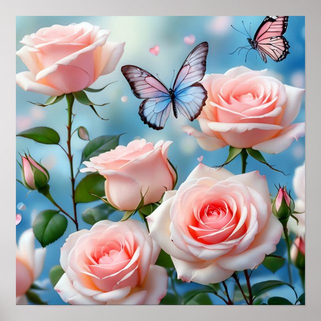 Mjuk Rosa ros Flower Blue Butterfly Poster (Framsidan)
