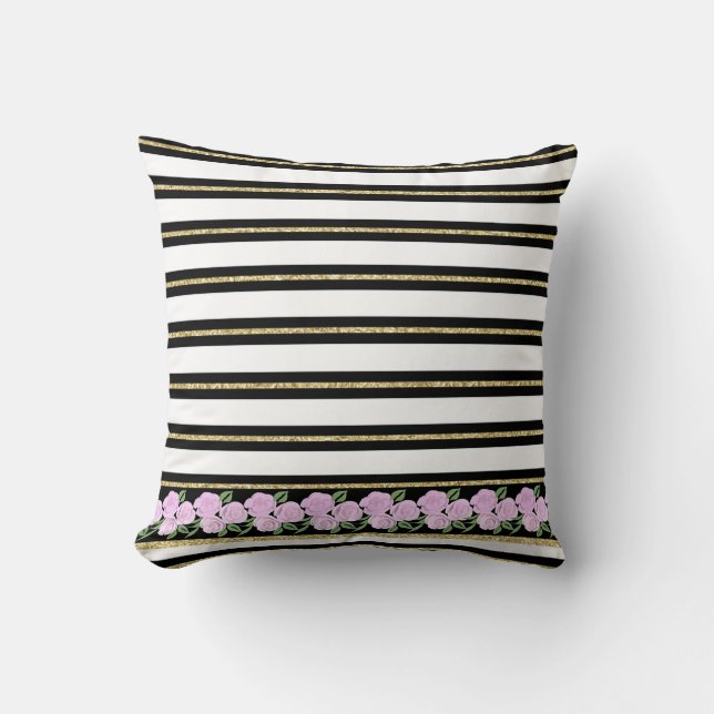 Mjuk Rosa ros på Svarta, vita, Guld Cushion Kudde (Framsida)