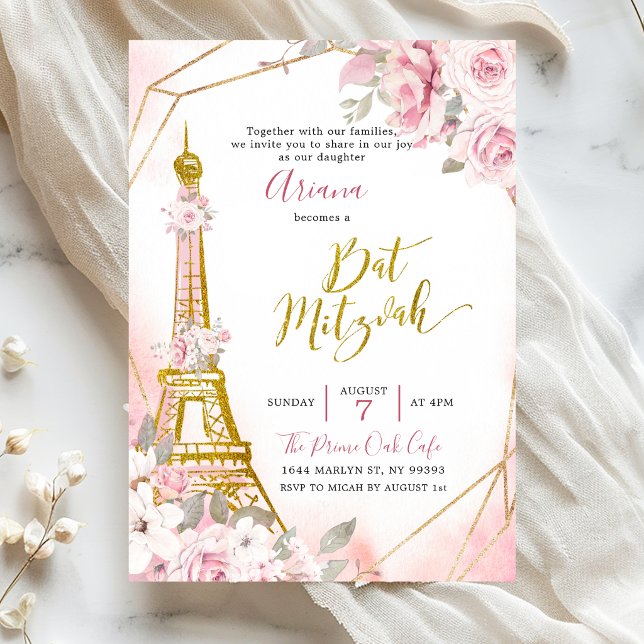 Mjuk Rosa Ros Paris Bat Mitzvah-inbjudan Inbjudningar (Skapare uppladdad)