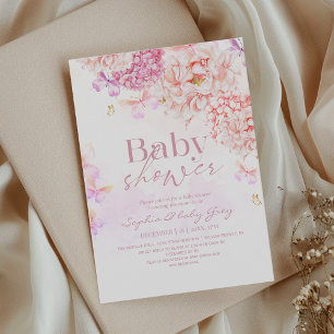 Mjuk Rosa Rosa Blommig Trädgård Flicka Babyfirande Inbjudningar