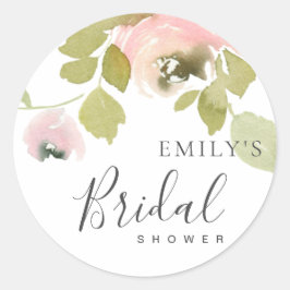 Mjuk rosa rosblommig akvarell bröllopsdusch runt klistermärke