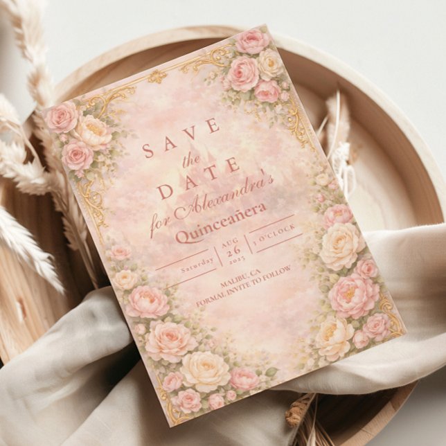 Mjuk Rosa Rosenträdgård Quinceañera Spara Datumet (Skapare uppladdad)