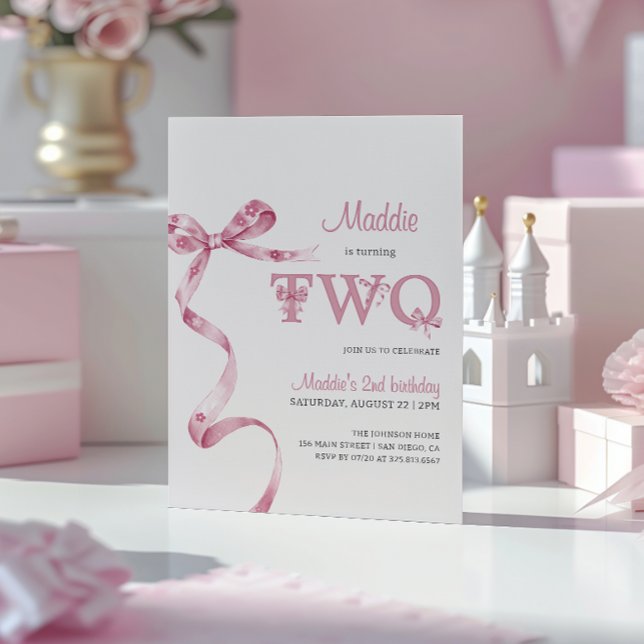 Mjuk rosa rosett andra födelsedagen flicka  inbjudningar (Skapare uppladdad)