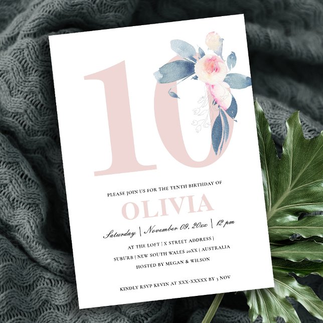 MJUK ROSA ROUGE BLÅ BLOMMIG 10/ANDRA ÅR FÖDELSEDAG INBJUDNINGAR (Skapare uppladdad)