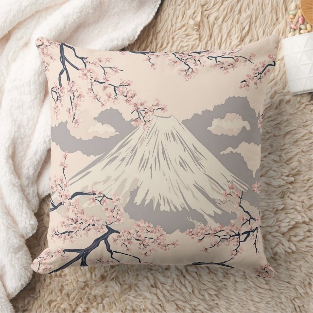 Mjuk Rosa Sakura Mount Fuji Landskapsmönster Kudde (Filt)