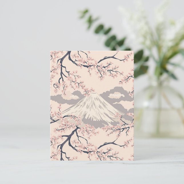 Mjuk Rosa Sakura Mount Fuji Landskapsmönster Vykort (Stående Fram)