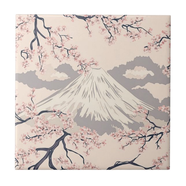 Mjuk Rosa Sakura Mount Fuji Scenisk Mönster Kakelplatta (Framsidan)