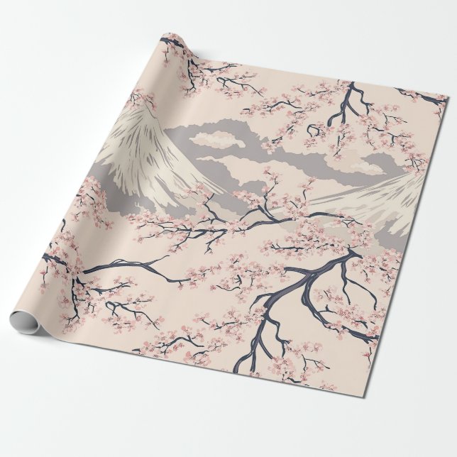 Mjuk Rosa Sakura Mount Fuji Scenisk Mönster Presentpapper (Utrullad)
