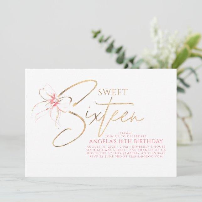 Mjuk Rosa Slinga Elegant Romantisk Söt 16-årsdag Inbjudningar (Stående Fram)
