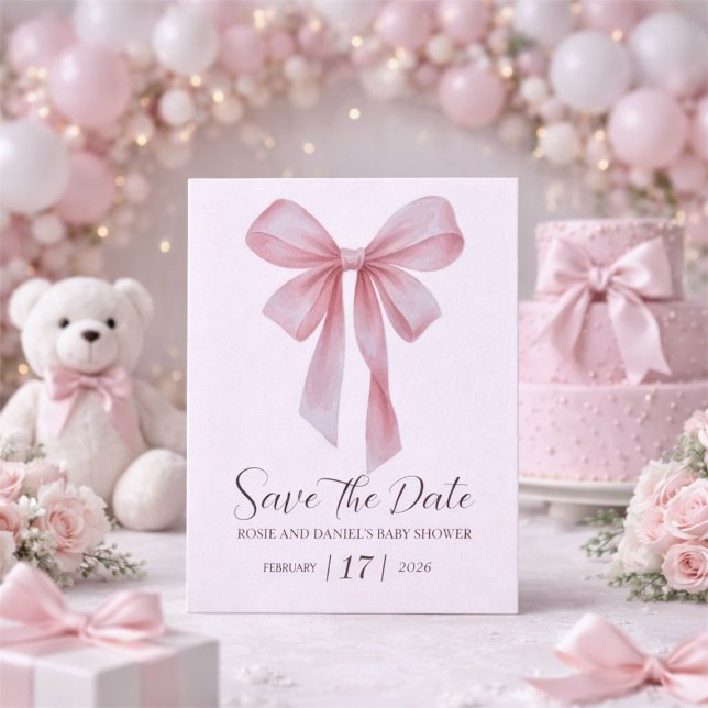 Mjuk Rosa Slöja Flicka Baby Shower Spara Datumet (Soft Pink Bow Girl Baby Shower Save The Date)