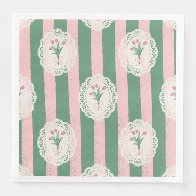Mjuk Rosa Slöja & Tulpan Blommig Pappersservett (Framsida)