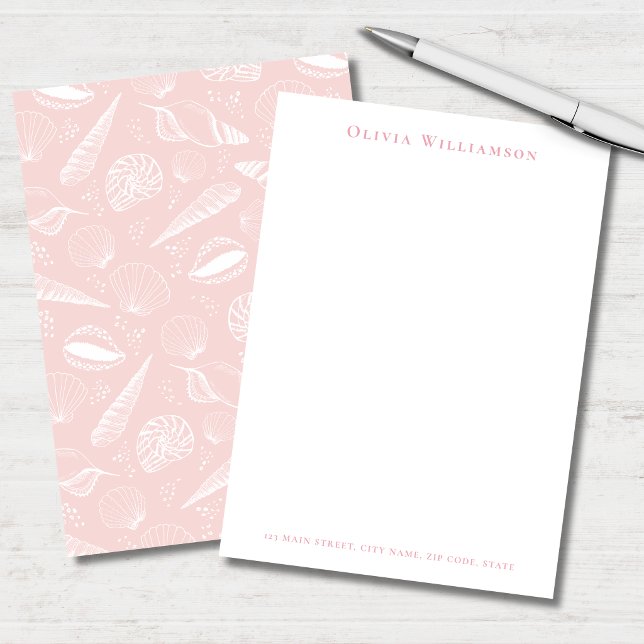 Mjuk Rosa Snigelskal Kustlinje Anteckningskort (Soft pink and white seashell personalized stationery note cards in portrait format)