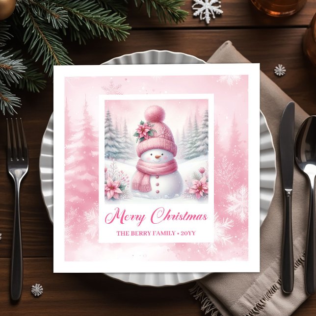 Mjuk rosa snöman vinter scen jul servetter  (Soft Pink Snowman Winter Scene Christmas Napkins for Kids)