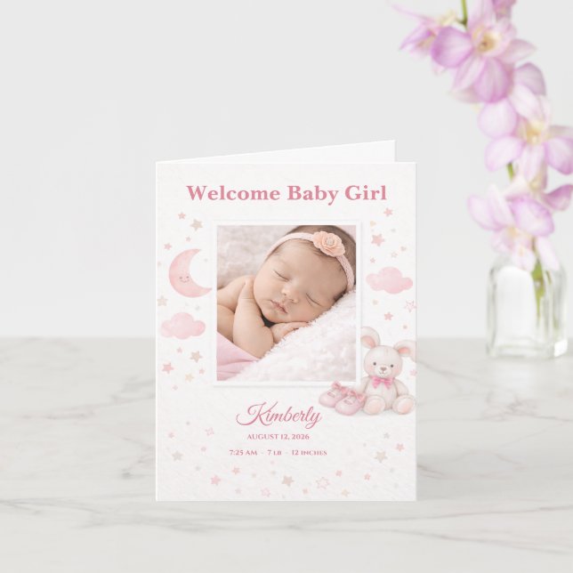 Mjuk Rosa Stjärnor & Måne Baby Födelse Annonsering Kort (Orkide)