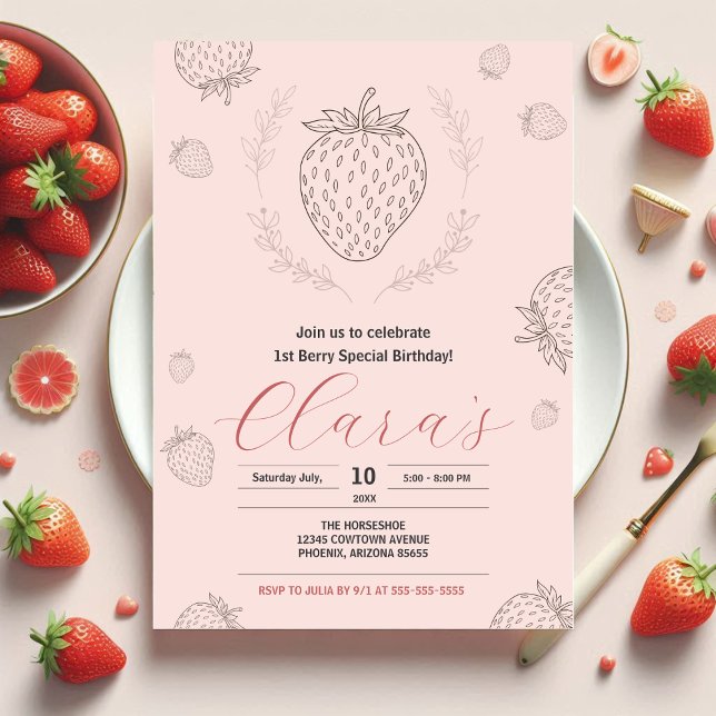 Mjuk Rosa Strawberry Minimaliste Födelsedagsfest Inbjudningar (Skapare uppladdad)