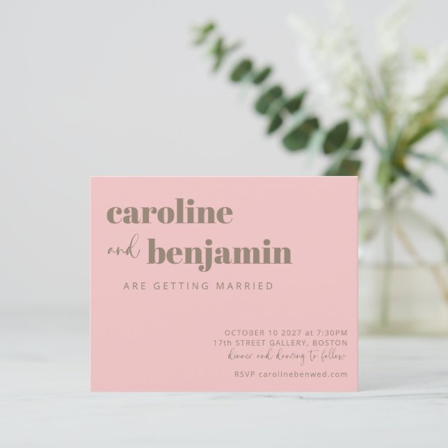 Mjuk Rosa Taupe Modern budgetbröllopsinbjudan (Stående Fram)