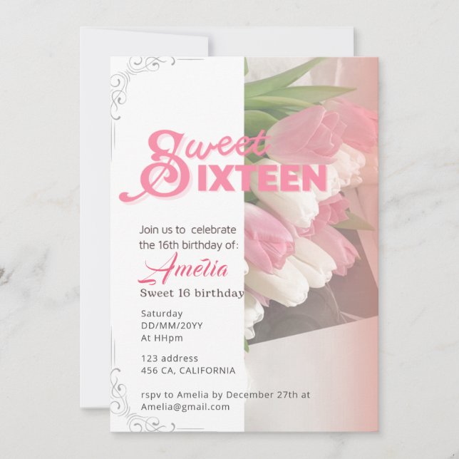Mjuk rosa tulip elegant söt 16-inbjudan inbjudningar (Framsida)