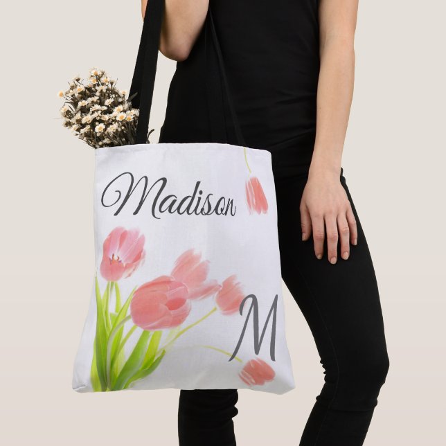 Mjuk Rosa Tulips Trendig Initial Namn Monogram Tygkasse (Närbild)