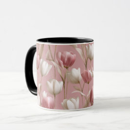 Mjuk Rosa Tulpan Vit Blommig Mönster Mugg