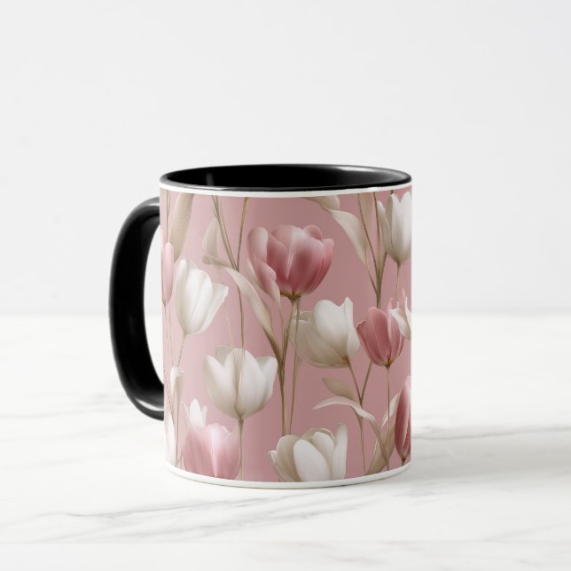 Mjuk Rosa Tulpan Vit Blommig Mönster Mugg (Framsida vänster)
