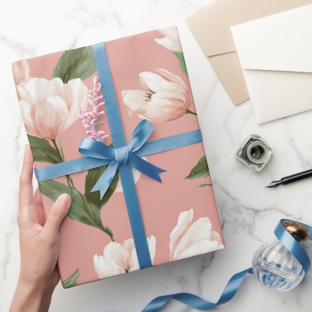 Mjuk Rosa Tulpan Vit Blommig Mönster Presentpapper (Gifting)