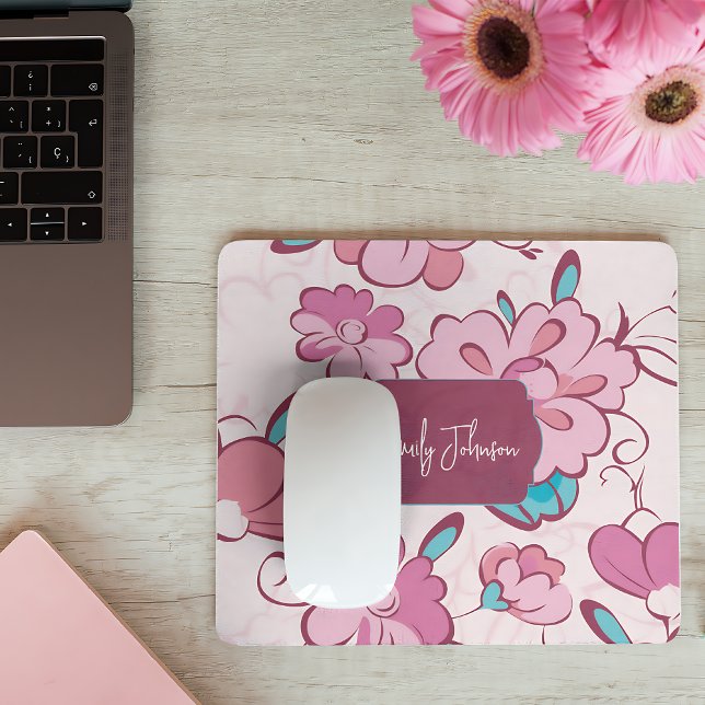 Mjuk Rosa Turkos Blommig Monogram-design Anpassat  Musmatta (Soft Pink Teal Floral Monogram Design Custom Name Mouse Pad)