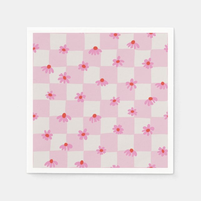 Mjuk Rosa Tusensköns Rutig Blommönster Pappersservett (Framsidan)