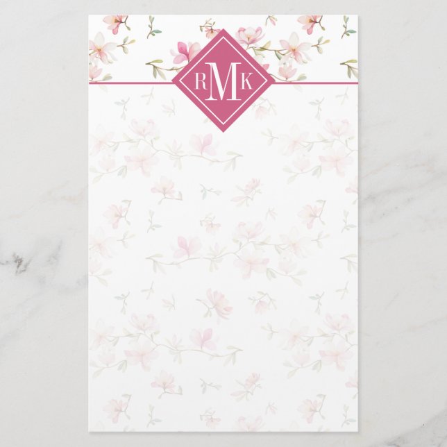 Mjuk rosa vattenfärgblomma för Monogram | Brevpapper (Framsida)