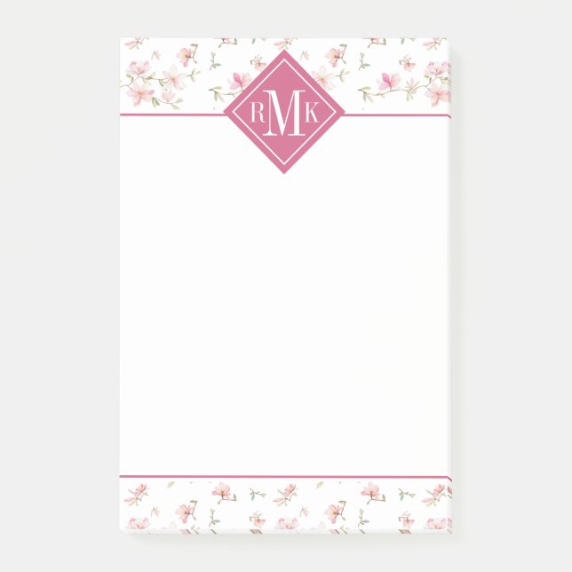 Mjuk rosa vattenfärgblomma för Monogram | Post-it Block (Framsida)