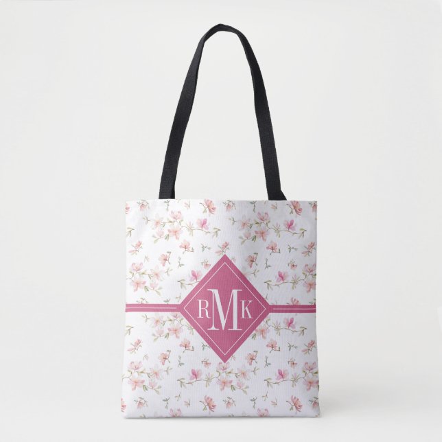 Mjuk rosa vattenfärgblomma för Monogram | Tygkasse (Framsida)