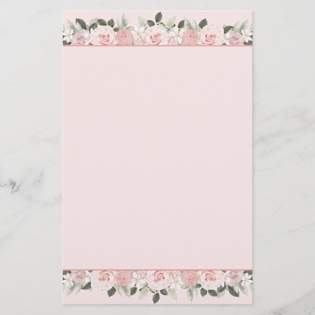 Mjuk Rosa Vattenfärgen Rosor Blommigt Gräns Brevpapper (Framsida)