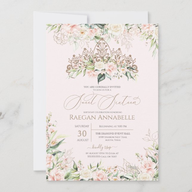 Mjuk Rosa Vit ros Elegant Sweet 16 Birthday in Inbjudningar (Framsida)