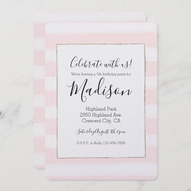 Mjuk Rosa Vita Ränder Vattenfärg Födelsedag Inbjudningar (Fram/baksida)
