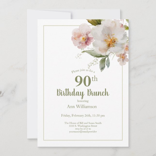 Mjuk Rosa Watercolor Blommigt 90:e Birthday Brunch Inbjudningar (Framsida)