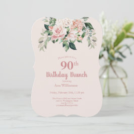 Mjuk Rosa Watercolor Blommigt 90:e Birthday Brunch Inbjudningar