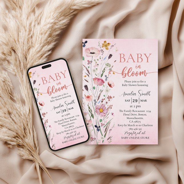 Mjuk Rosa Watercolor Wildblomma Baby Shower Inbjudningar (Skapare uppladdad)
