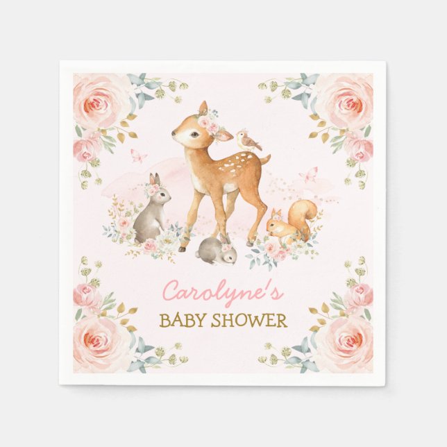 Mjuk Rosa Woodland Forest Animals Blommigt Shower Pappersservett (Framsidan)