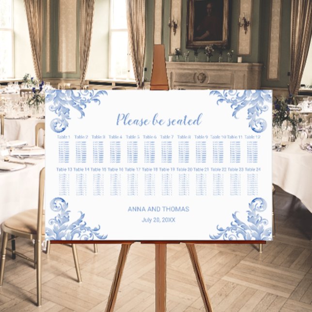 Mjuk Royalblå Akvarell-utsmyckad Placeringsplan Poster (Soft royal blue flourish seating chart.)