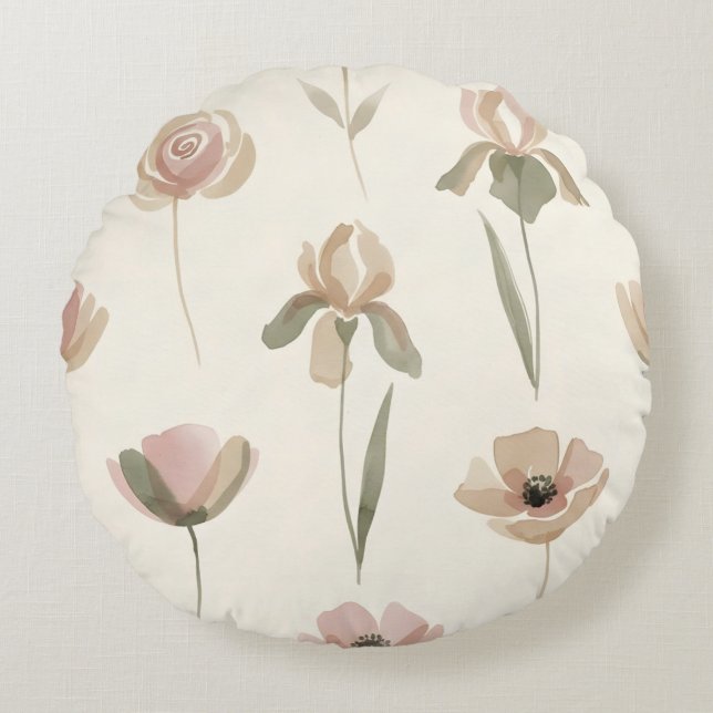 Mjuk Rund Kudd med Akvarellblommor Kudde (Framsidan)