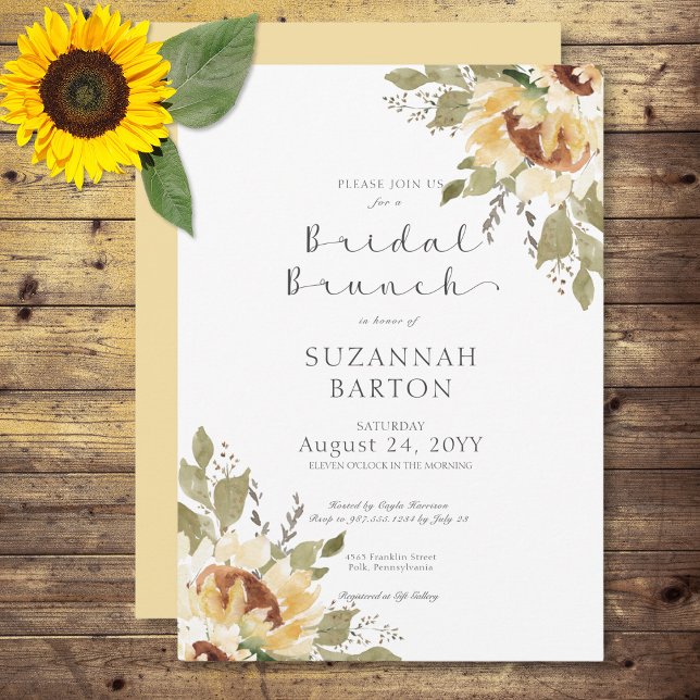 Mjuk Rustik Stor Gul Solros Bröllopsbrunch Inbjudningar (Soft Rustic Large Yellow Sunflowers Bridal Brunch Invitation)