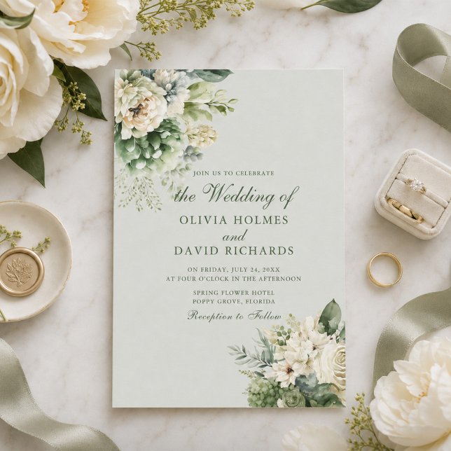 Mjuk Saggrön Blommig Elegant Bröllopsinbjudan Inbjudningar (Soft Sage Green Floral Elegant Wedding Invitation)