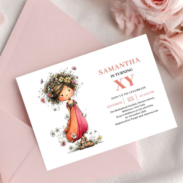 Mjuk Sagoflicka 9-års Födelsedags Blommig Rosa Inb Inbjudningar (Soft Fairy Girl 9th Birthday Floral Pink invitation)