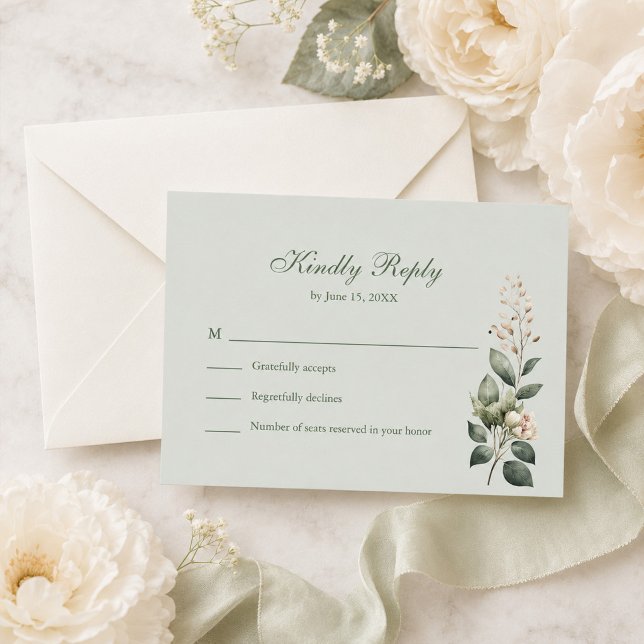Mjuk Salvia Grön Blommig Bröllops RSVP-kort OSA Kort (Soft Sage Green Floral Wedding RSVP Card)