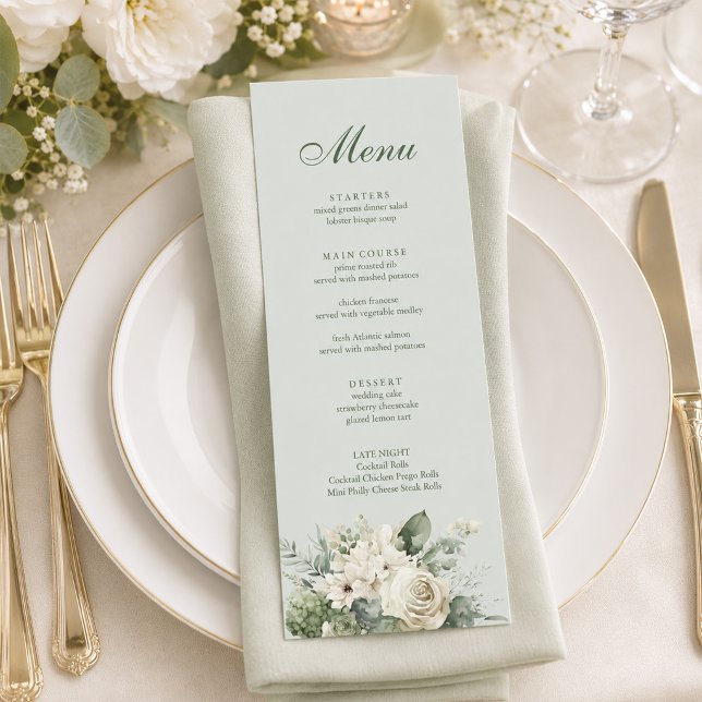 Mjuk Salvia Grön Blommig Bröllopsmeny Meny (Soft Sage Green Floral Wedding Menu)