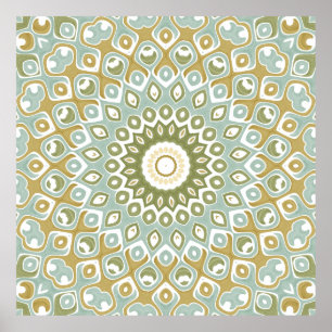 Mjuk Salvia och Guld Geometrisk Mandala-mönster Poster