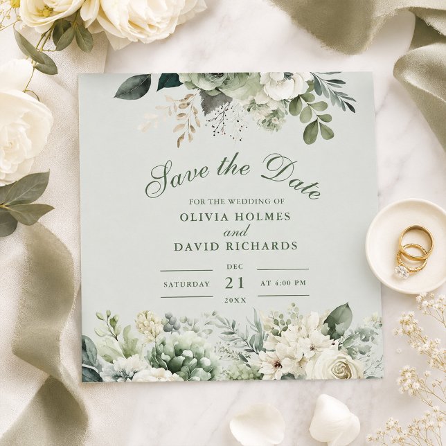 Mjuk Savgrön Blommig Spara Datum Kort (Soft Sage Green Floral Save The Date Card)