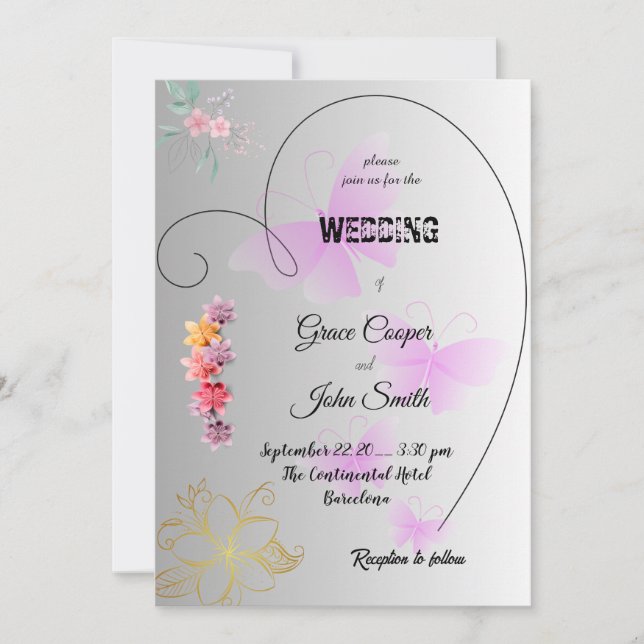 Mjuk svart och vit bröllopskort med blommor  inbjudningar (Framsida)